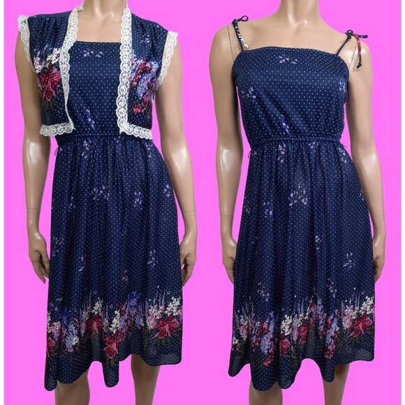 Vintage 70s Sundress With Bolero Jacket Navy Blue Polka Dot Floral Lace Trim XS - Picture 1 of 12